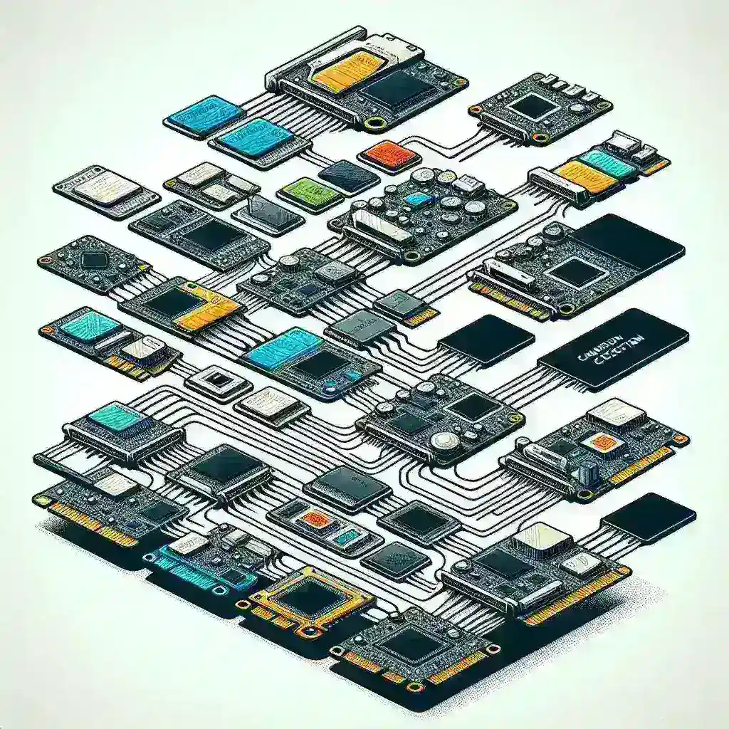 "Illustration of various expansion cards designed for modular devices, showcasing the diverse ecosystem and compatibility features in advanced technology."