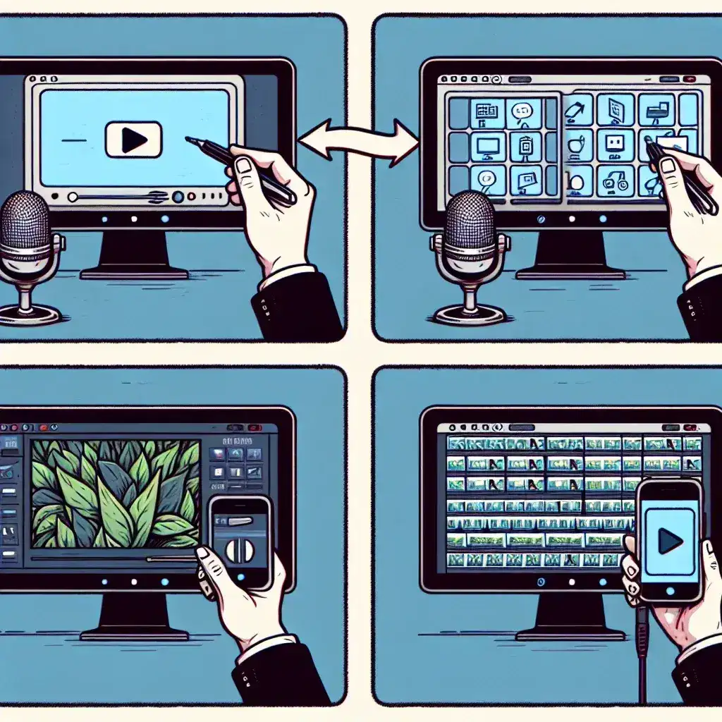 "Step-by-step guide image illustrating the process of creating a tutorial video using screen recordings, featuring software tools and editing techniques."
