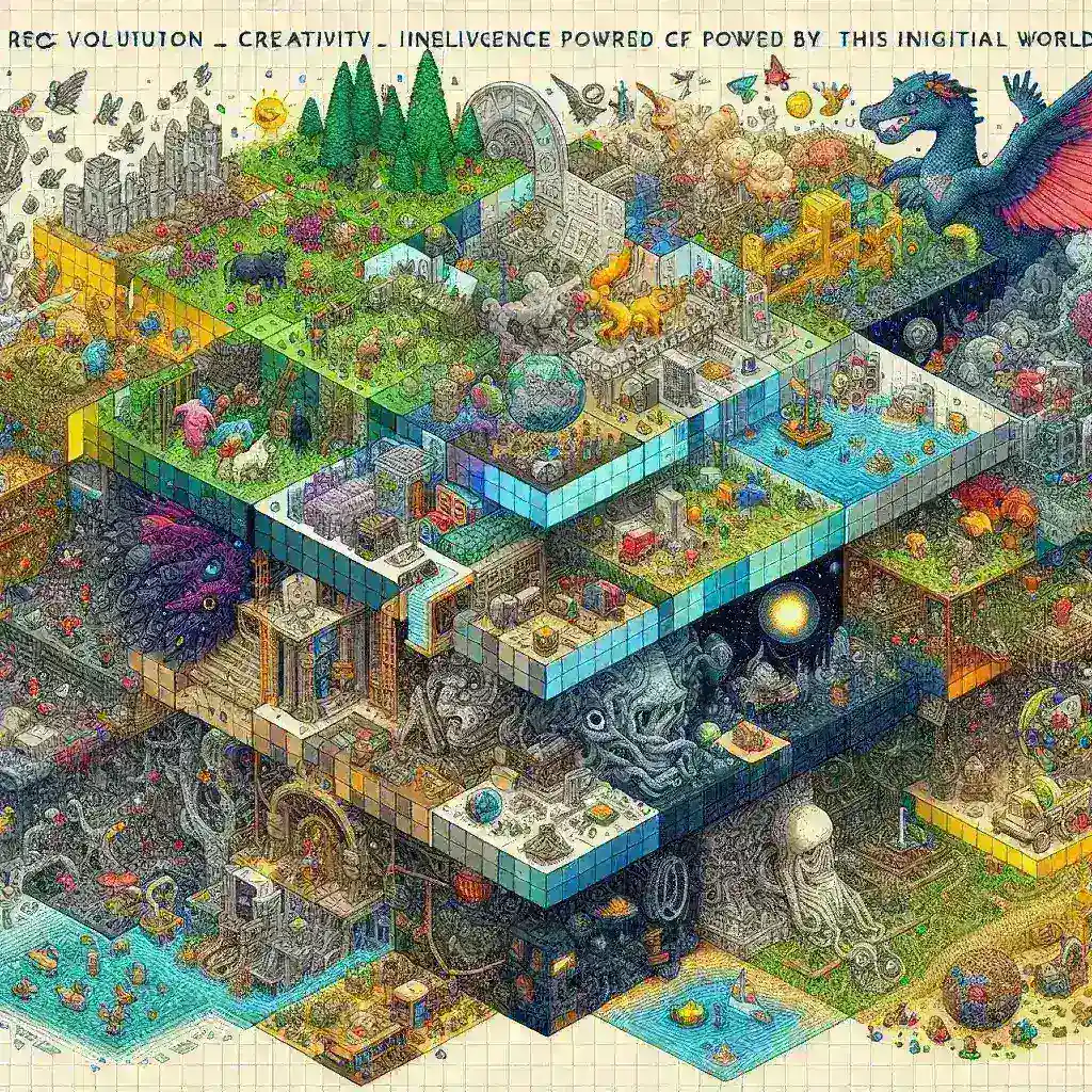 "AI-assisted world-building feature in Minecraft showcasing vibrant landscapes and intricate designs, highlighting the innovative blend of creativity and technology in gaming."