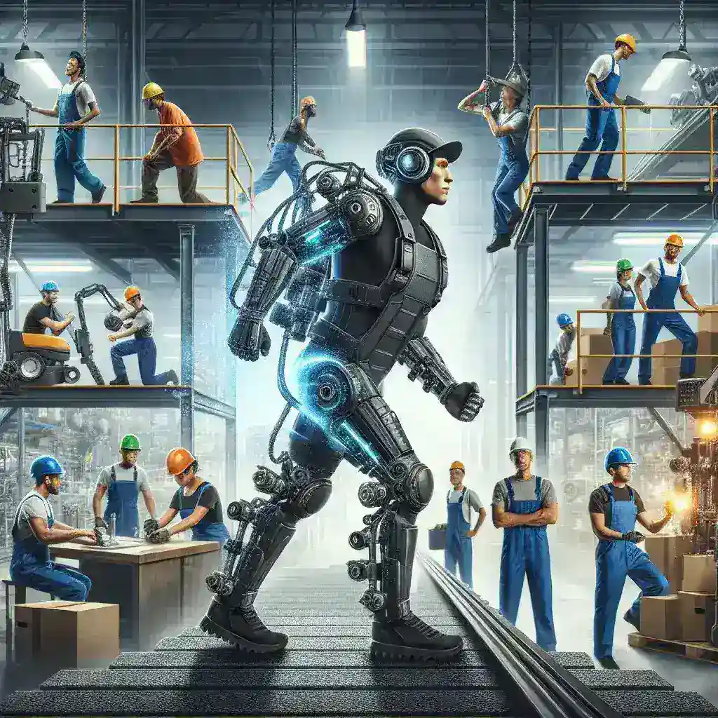 "Industrial worker wearing a state-of-the-art exoskeleton to reduce fatigue and prevent injuries in a manufacturing environment, showcasing advanced ergonomic technology and safety advancements."