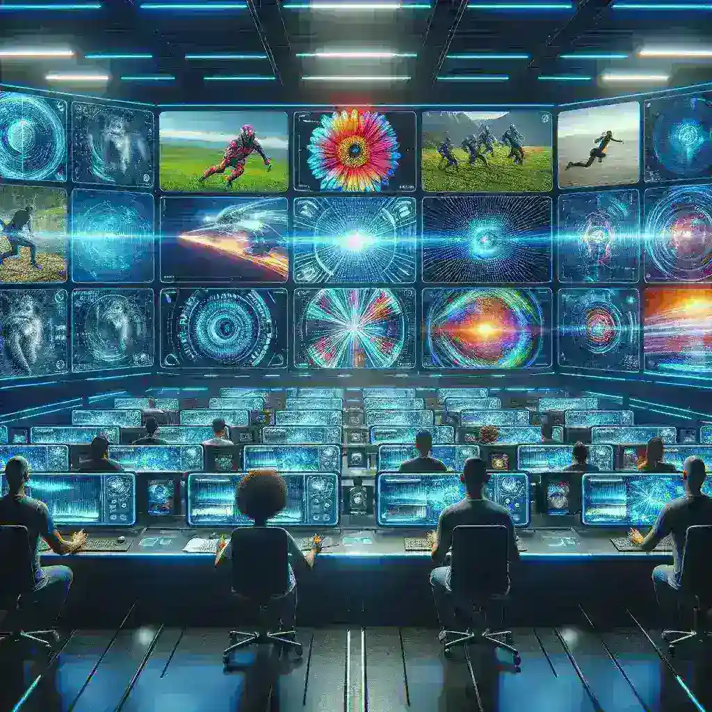 "Illustration of GPT technology auto-tagging video content for digital media management, showcasing an AI interface with video clips and tag suggestions, emphasizing efficiency and innovation in media organization."