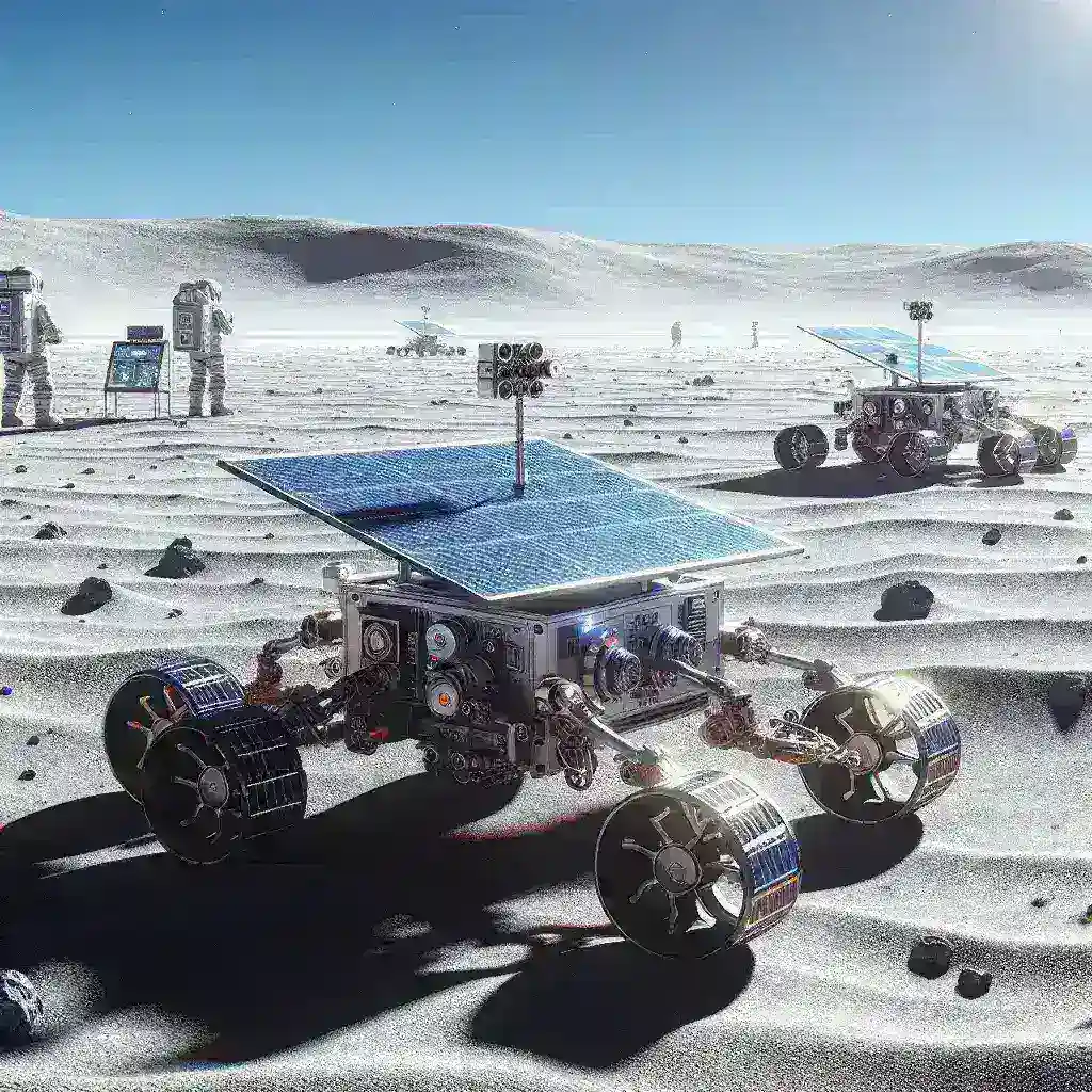 "NASA engineers conducting tests on autonomous lunar supply rovers in a desert simulation environment to prepare for future lunar missions."
