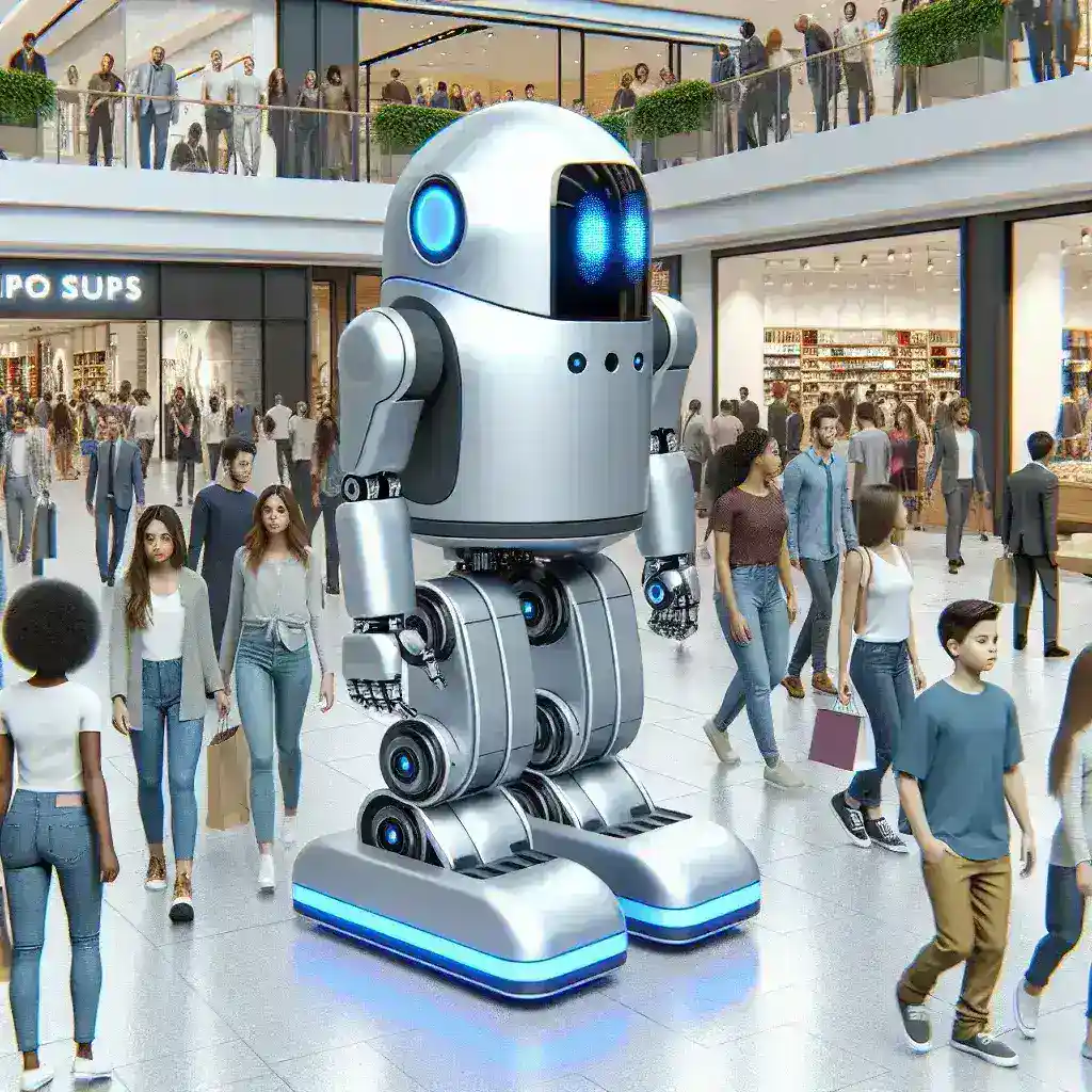 "Boston Dynamics robotic security patrol performing a surveillance check in a U.S. shopping mall, showcasing advanced technology in mall security."