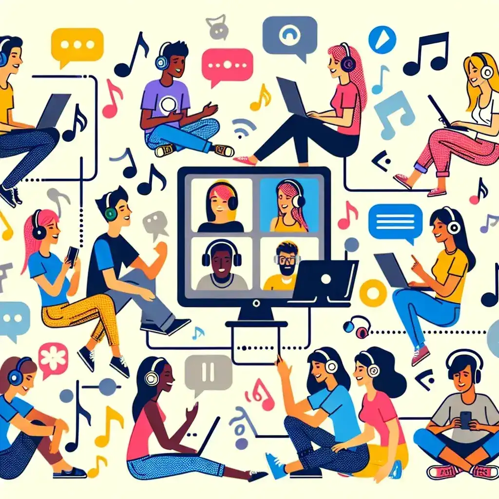 "Group of friends enjoying a Spotify social listening session together on their devices, connecting from different locations to share music and enhance their long-distance friendship."